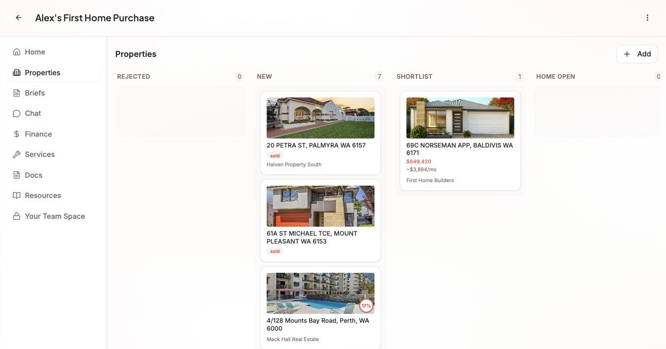 Property kanban in the Marketli app